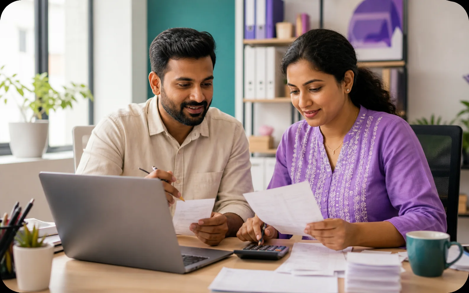 Indian business owner and accountant reviewing daily finances