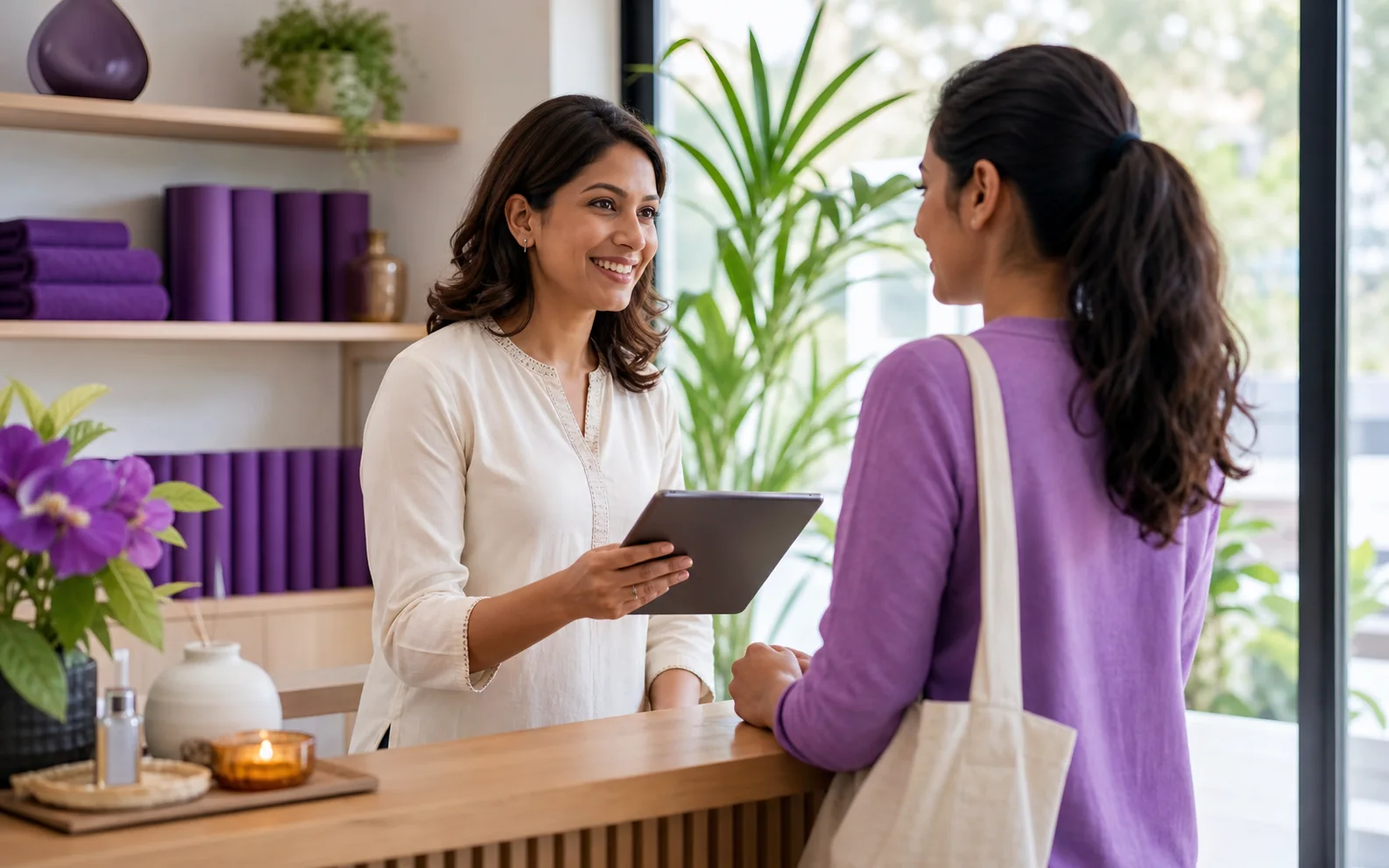 Indian wellness business owner welcoming a returning customer