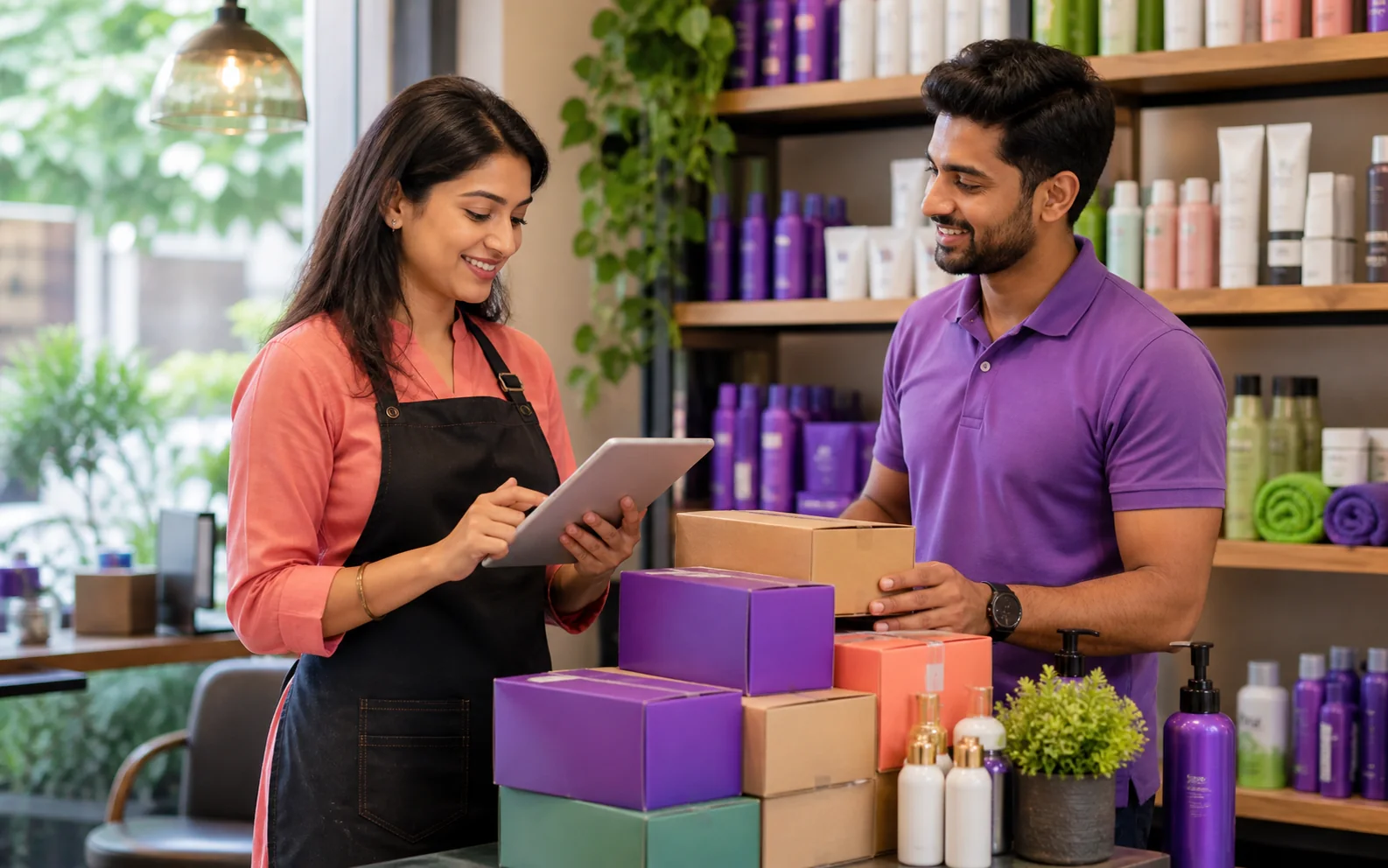 Indian salon owner checking a product delivery with a supplier