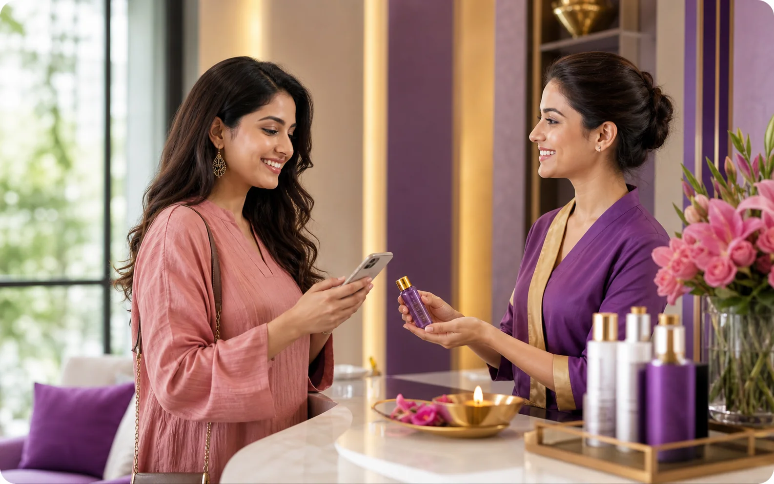 Returning customer redeeming a loyalty reward at reception
