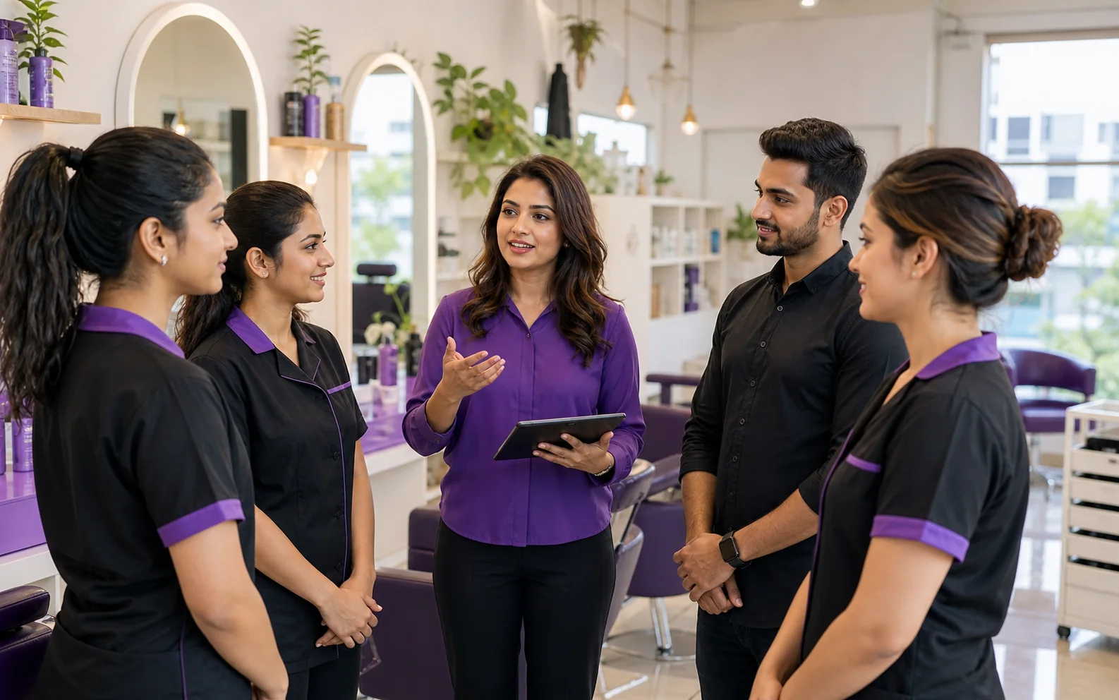 Indian salon manager briefing the service team