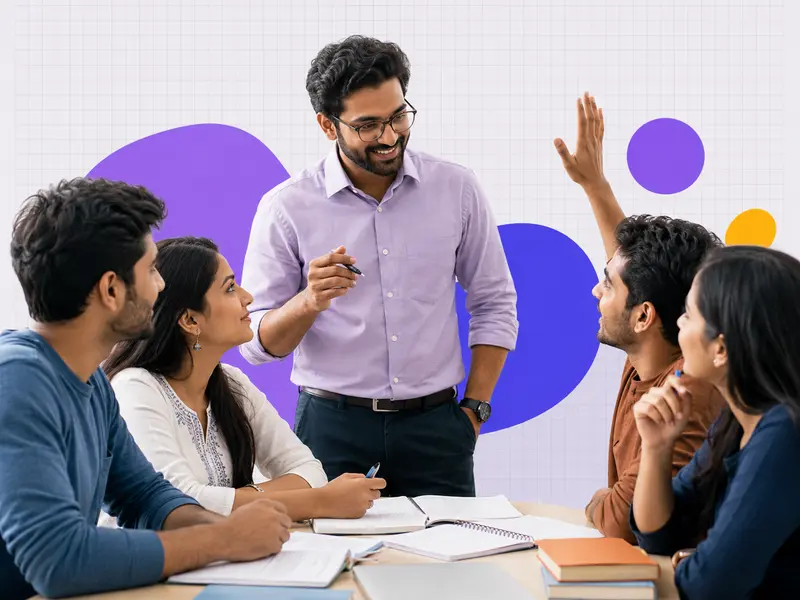 Indian coaching-centre teacher guiding learners in a structured class